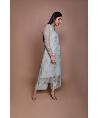 Show Shaa Sea green Chnaderi FLORAL SHEER OVERALL WITH GEOMETRICAL Stripe tunic and embroided pants. 2