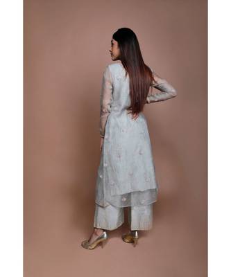 Show Shaa Sea green Chnaderi FLORAL SHEER OVERALL WITH GEOMETRICAL Stripe tunic and embroided pants. 3