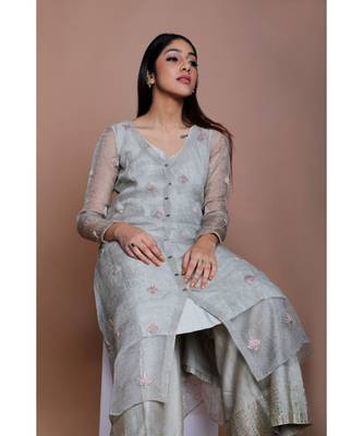 Show Shaa Sea green Chnaderi FLORAL SHEER OVERALL WITH GEOMETRICAL Stripe tunic and embroided pants. 4