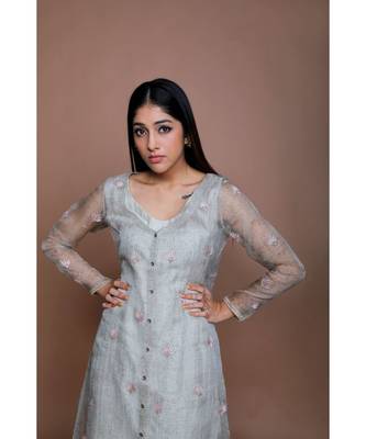 Show Shaa Sea green Chnaderi FLORAL SHEER OVERALL WITH GEOMETRICAL Stripe tunic and embroided pants. 5