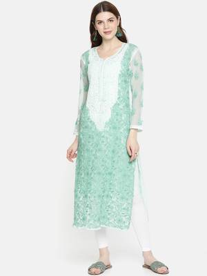 Ada Handmade Sea Green Georgette Lucknowi Chikankari Indian Women Kurta with Slip - A218667 1