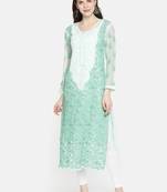 Ada Handmade Sea Green Georgette Lucknowi Chikankari Indian Women Kurta with Slip - A218667
