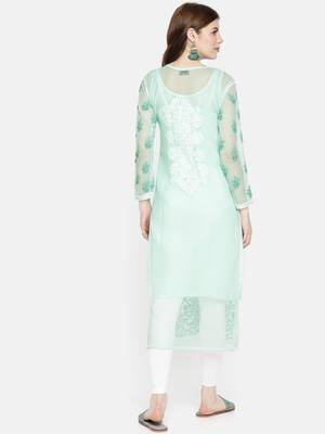 Ada Handmade Sea Green Georgette Lucknowi Chikankari Indian Women Kurta with Slip - A218667 2