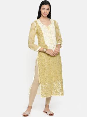 Hand Embroidered Fawn Georgette Lucknowi Chikankari Indian Women Kurta With Slip 1