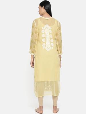 Hand Embroidered Fawn Georgette Lucknowi Chikankari Indian Women Kurta With Slip 2