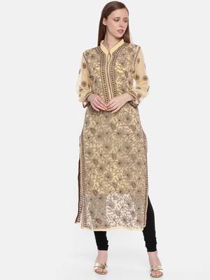Ada Beige Hand Embroidered Georgette Lucknow Chikankari Women Kurti - A224909 1