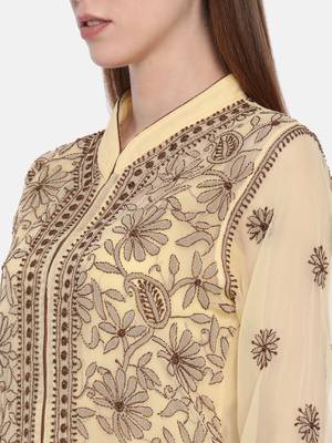 Ada Beige Hand Embroidered Georgette Lucknow Chikankari Women Kurti - A224909 3