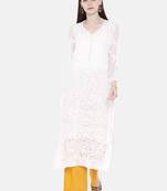 Hand Embroidered White Georgette Lucknowi Chikan Women Kurta With Slip
