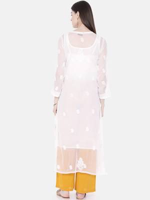 Hand Embroidered White Georgette Lucknowi Chikan Women Kurta With Slip 2