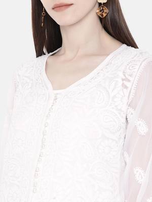 Hand Embroidered White Georgette Lucknowi Chikan Women Kurta With Slip 4