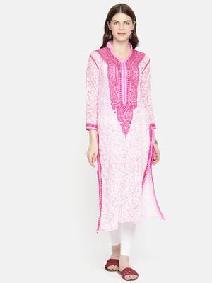 Ada Hand Embroidered Pink Faux Georgette Lucknow Chikankari Women Kurta - A237421 1