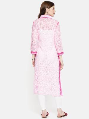 Ada Hand Embroidered Pink Faux Georgette Lucknow Chikankari Women Kurta - A237421 2