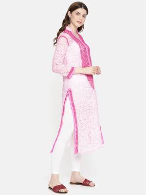 Ada Hand Embroidered Pink Faux Georgette Lucknow Chikankari Women Kurta - A237421 3