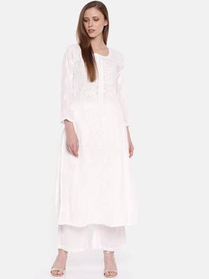 Ada Hand Embroidered White Cotton Lucknowi Chikankari Indian Women Kurta- A230786 1