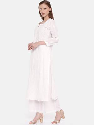 Ada Hand Embroidered White Cotton Lucknowi Chikankari Indian Women Kurta- A230786 3