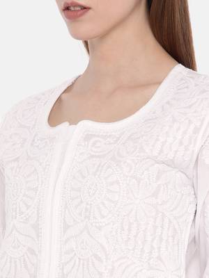 Ada Hand Embroidered White Cotton Lucknowi Chikankari Indian Women Kurta- A230786 4