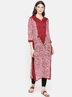 Ada Handmade Red Georgette Lucknowi Chikankari Indian Women Kurta - A237437 1