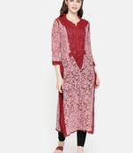 Ada Handmade Red Georgette Lucknowi Chikankari Indian Women Kurta - A237437