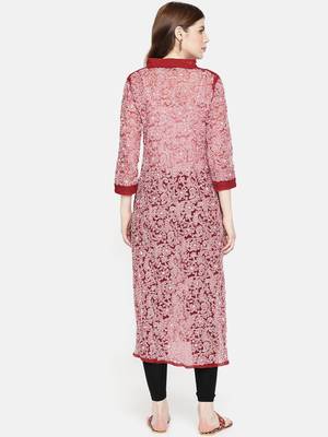 Ada Handmade Red Georgette Lucknowi Chikankari Indian Women Kurta - A237437 2