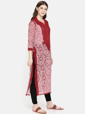 Ada Handmade Red Georgette Lucknowi Chikankari Indian Women Kurta - A237437 3