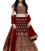 Maroon embroidered satin semi stitched lehenga