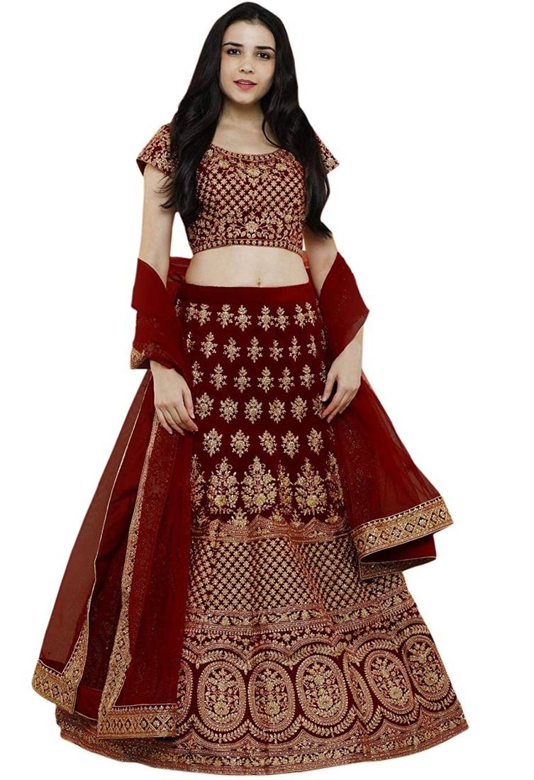 Maroon embroidered satin semi stitched lehenga