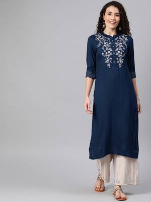 Navy-blue embroidered rayon ethnic-kurtis 1
