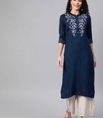 Navy-blue embroidered rayon ethnic-kurtis