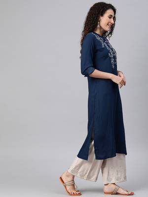 Navy-blue embroidered rayon ethnic-kurtis 4
