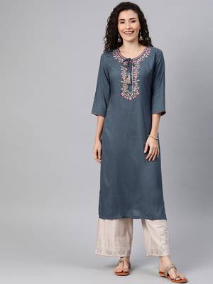 Light-blue embroidered rayon ethnic-kurtis 1
