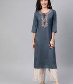 Light-blue embroidered rayon ethnic-kurtis