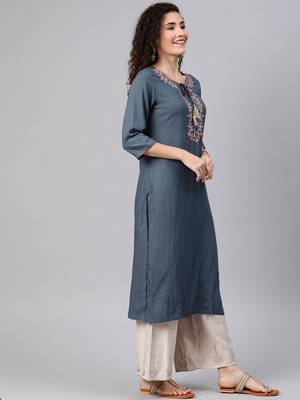 Light-blue embroidered rayon ethnic-kurtis 4