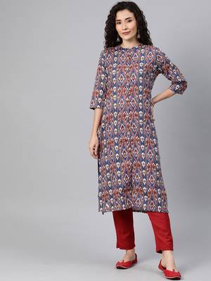 Navy-blue woven cotton ethnic-kurtis 1