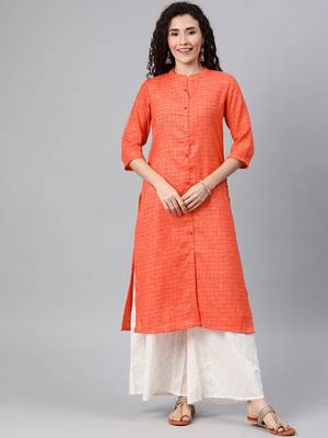 Orange woven cotton ethnic-kurtis 1