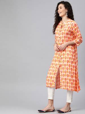 Orange printed rayon ethnic-kurtis 4