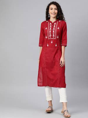 Maroon embroidered cotton ethnic-kurtis 1