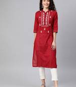 Maroon embroidered cotton ethnic-kurtis