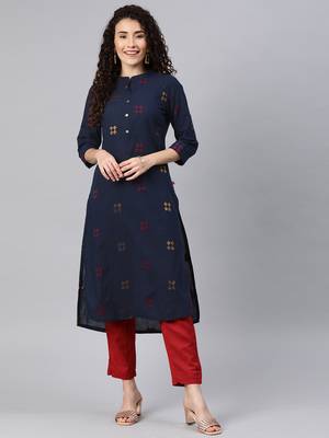 Navy-blue woven cotton ethnic-kurtis 1
