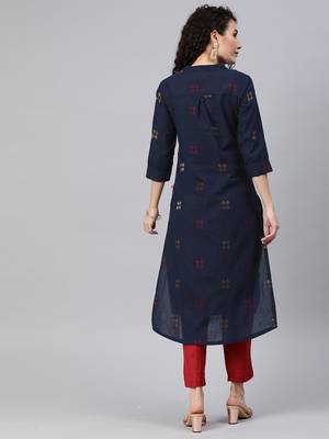 Navy-blue woven cotton ethnic-kurtis 3