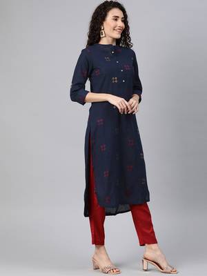 Navy-blue woven cotton ethnic-kurtis 4