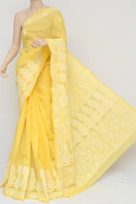 Yellow Color Hand Embroidered Designer Cotton Lucknowi Chikankari Saree 1