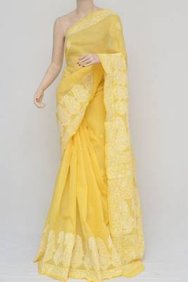 Yellow Color Hand Embroidered Designer Cotton Lucknowi Chikankari Saree 3