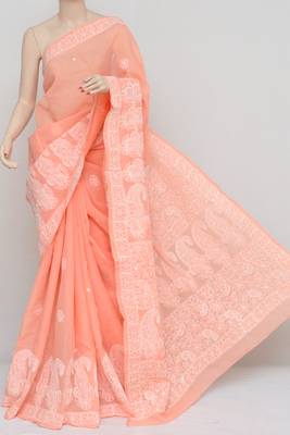 Peach Colour Hand Embroidered Designer Lucknowi Chikankari Saree 1