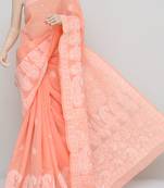 Peach Colour Hand Embroidered Designer Lucknowi Chikankari Saree