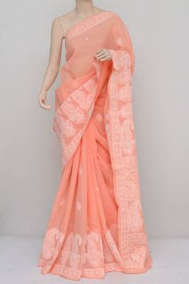 Peach Colour Hand Embroidered Designer Lucknowi Chikankari Saree 3
