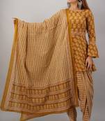 Women's Mustard Cotton Cambric Floral Printed A-Line Kurta Dhoti & Dupatta Set
