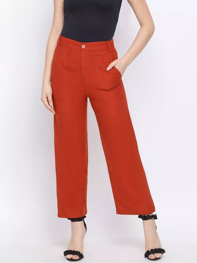 Rust Fiori Structure Linen Women Pant