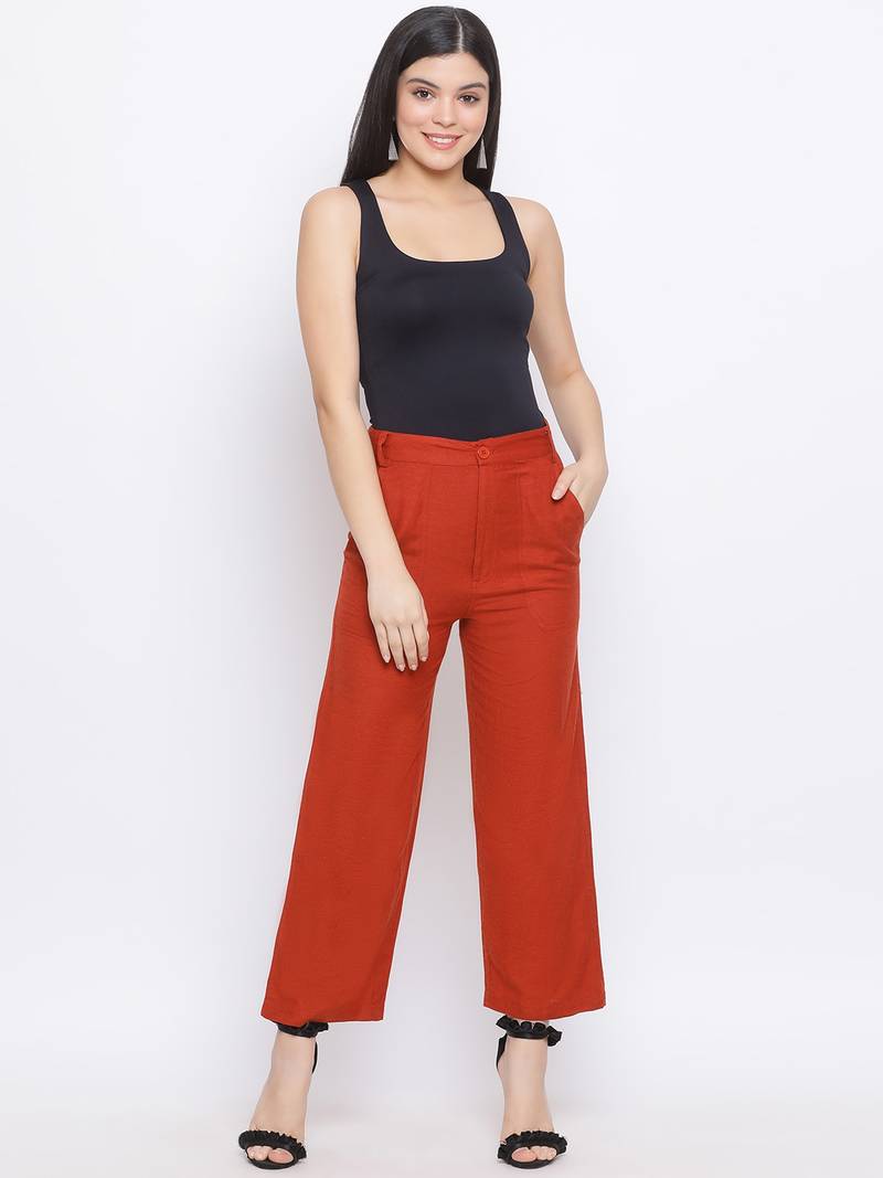 Rust Fiori Structure Linen Women Pant