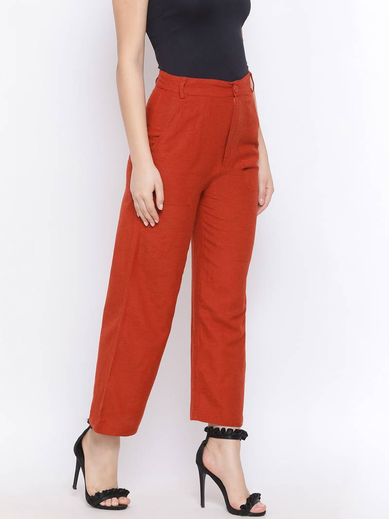 Rust Fiori Structure Linen Women Pant