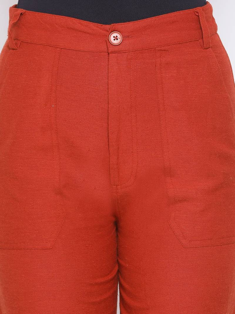 Rust Fiori Structure Linen Women Pant